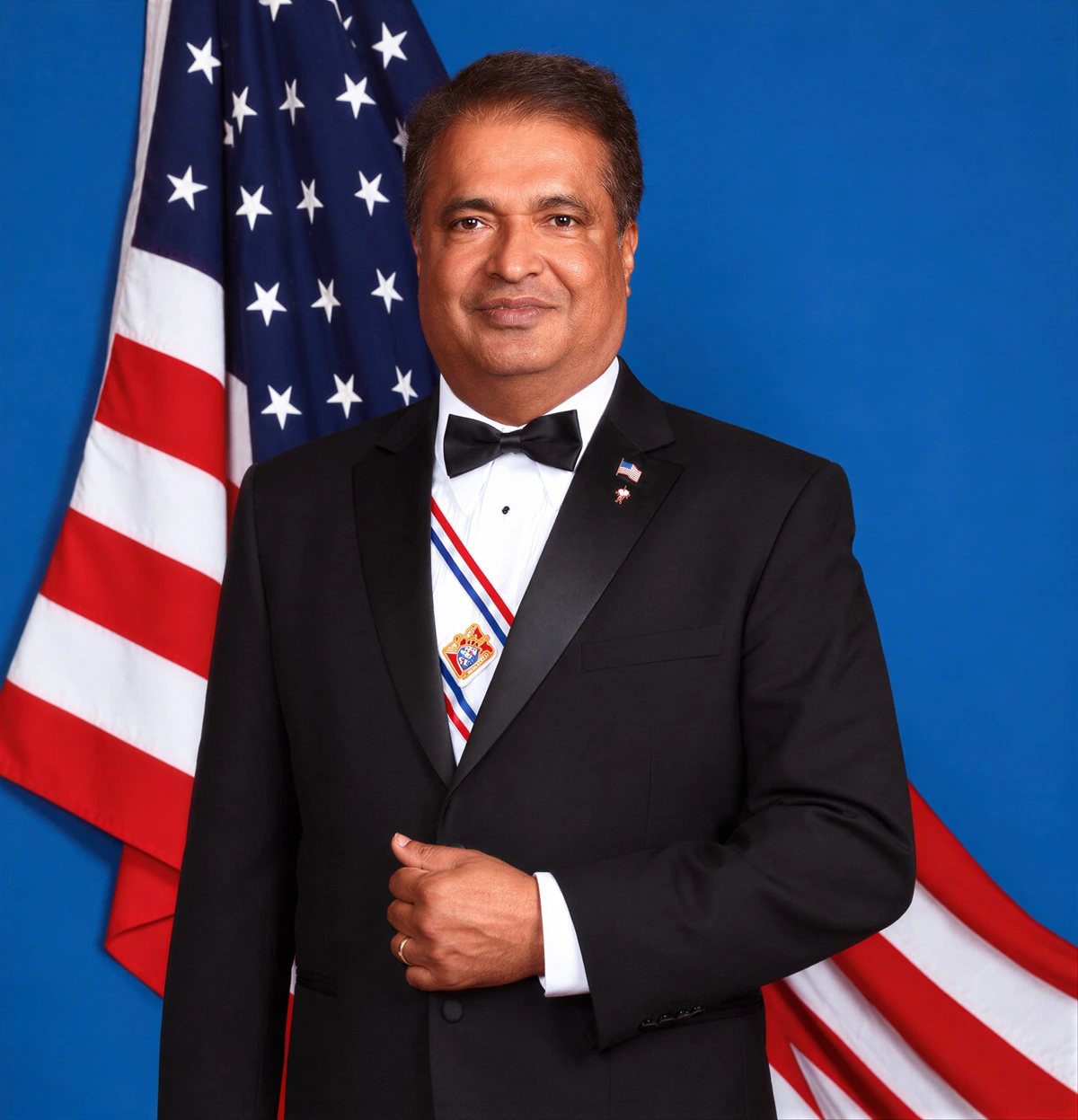 John Anthraper in formal dress, standing beside the American flag